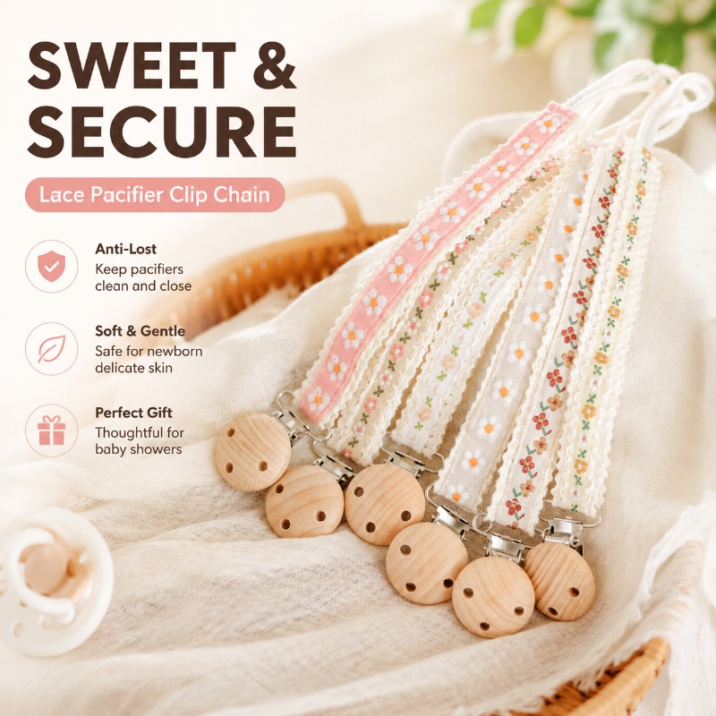 Baby Pacifier Clip - Spitzen-Schnullerkette für Neugeborene Anti-Verlust-Schnullerhalter Besticktes Geschenk
